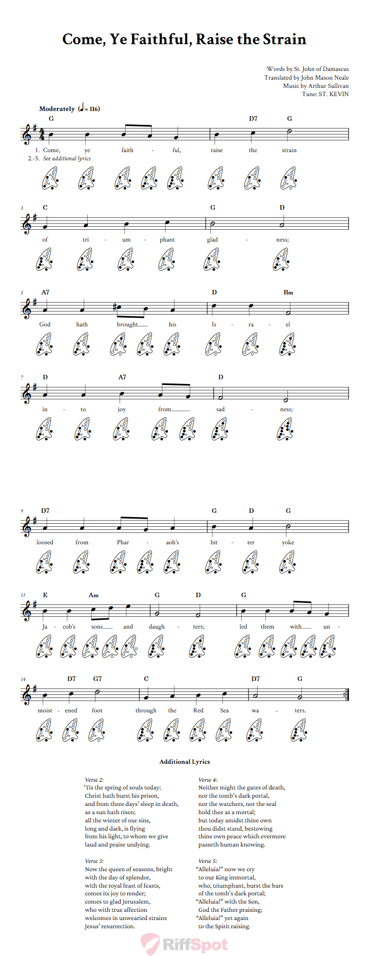 Come, Ye Faithful, Raise the Strain 12-Hole Ocarina Tab