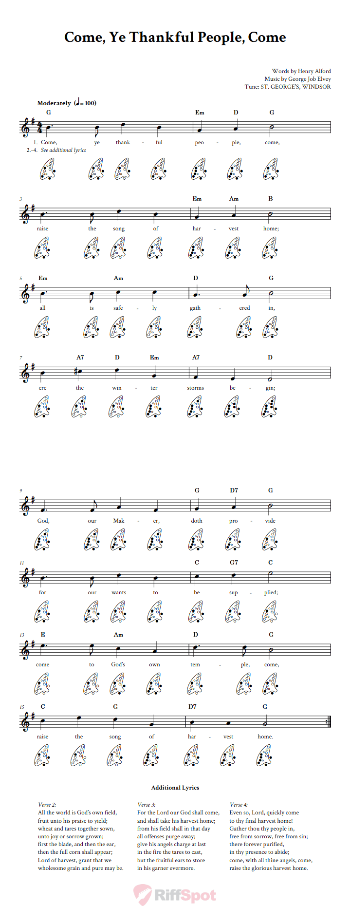 Come, Ye Thankful People, Come 12-Hole Ocarina Tab