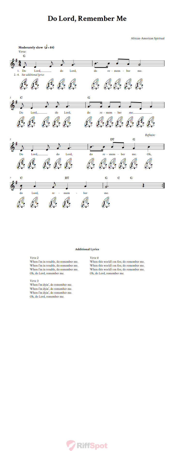 Do Lord, Remember Me 12-Hole Ocarina Tab