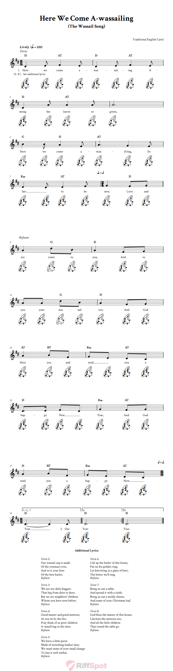 Here We Come A-wassailing 12-Hole Ocarina Tab