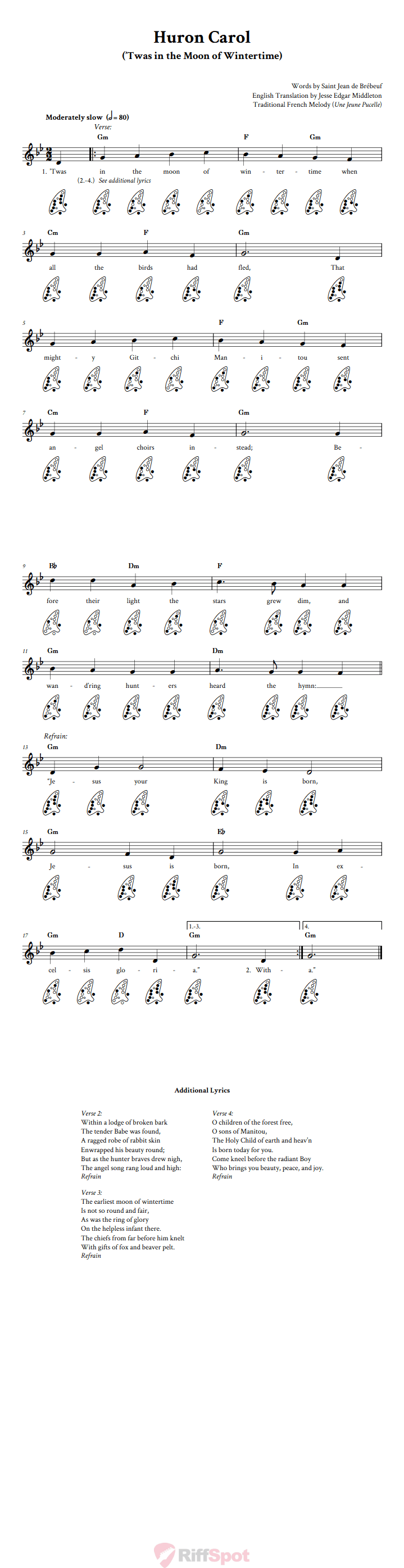 Huron Carol 12-Hole Ocarina Tab
