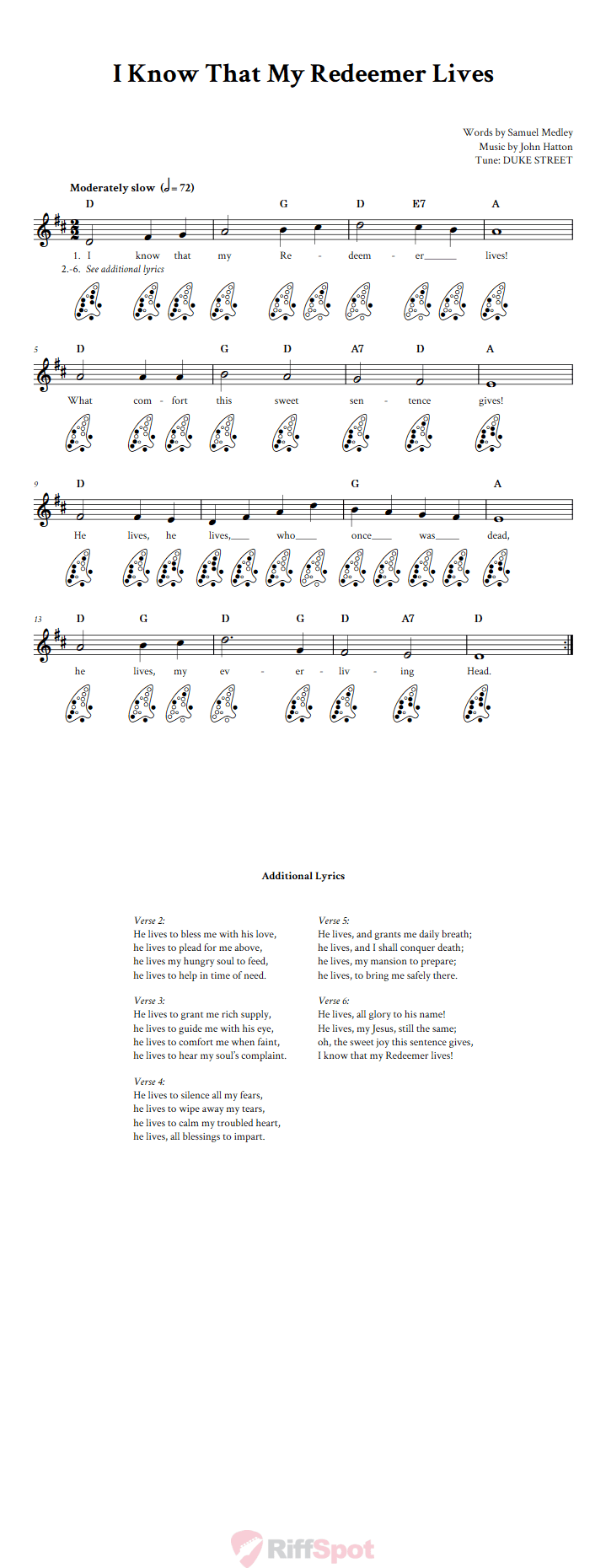 I Know That My Redeemer Lives 12-Hole Ocarina Tab