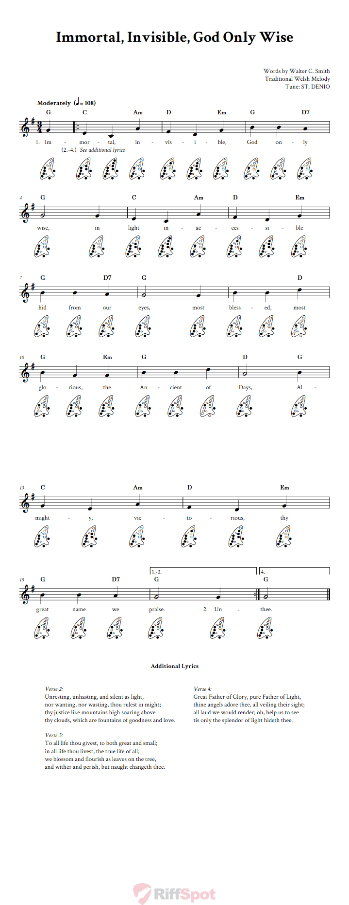 Immortal, Invisible, God Only Wise 12-Hole Ocarina Tab