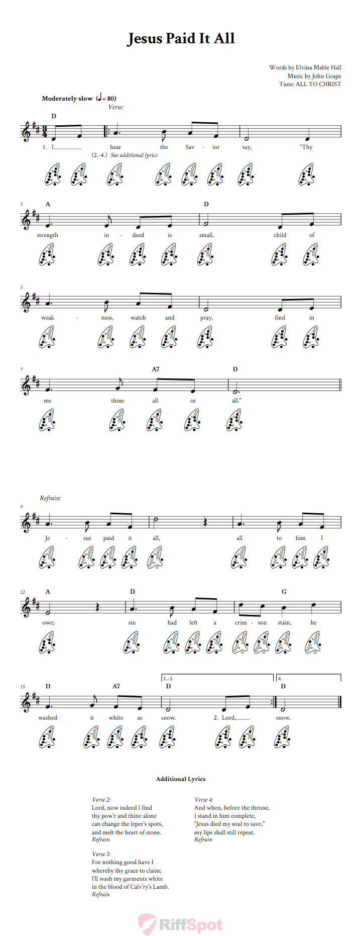 Jesus Paid It All 12-Hole Ocarina Tab