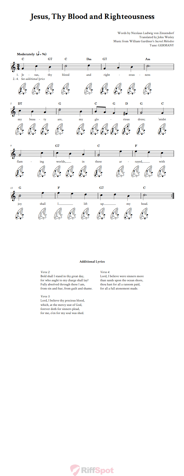 Jesus, Thy Blood and Righteousness 12-Hole Ocarina Tab