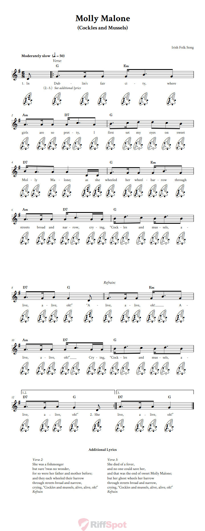 Molly Malone 12-Hole Ocarina Tab
