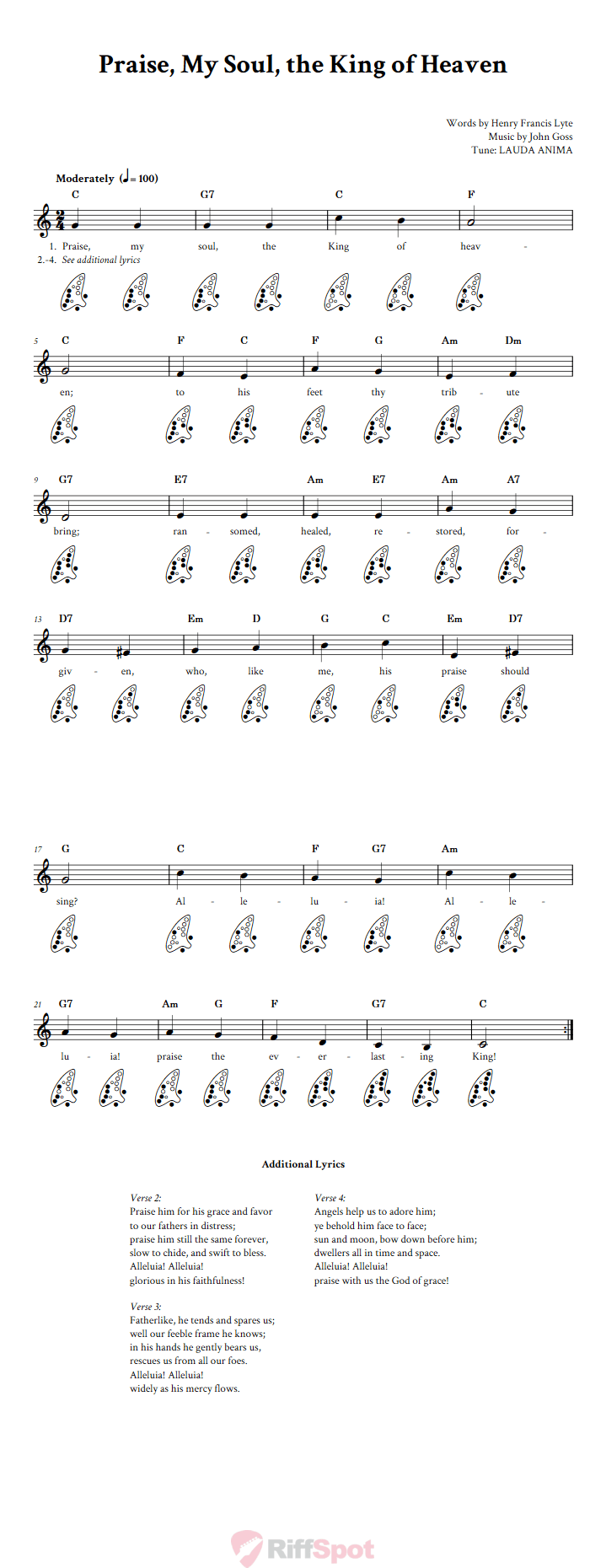 Praise, My Soul, the King of Heaven 12-Hole Ocarina Tab