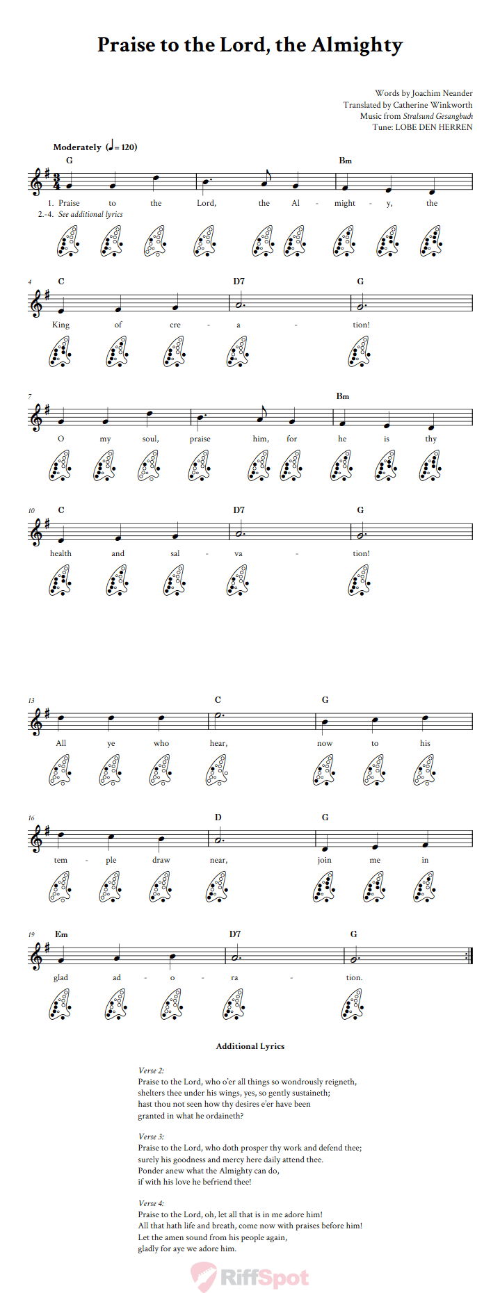 Praise to the Lord, the Almighty 12-Hole Ocarina Tab