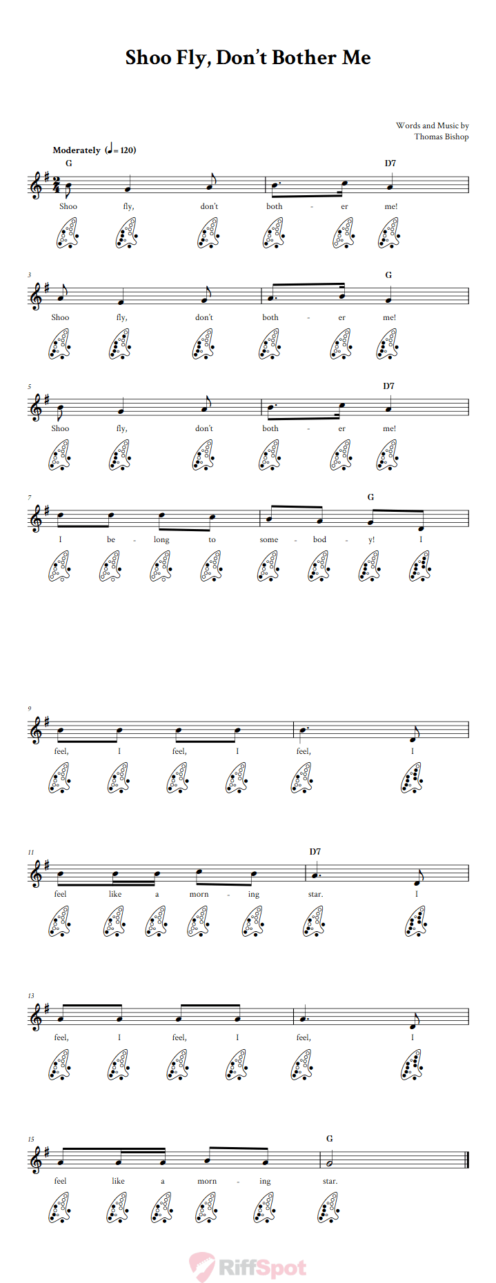 Shoo Fly, Don't Bother Me 12-Hole Ocarina Tab