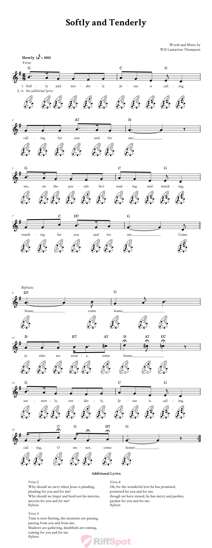 Softly And Tenderly 12-Hole Ocarina Tab