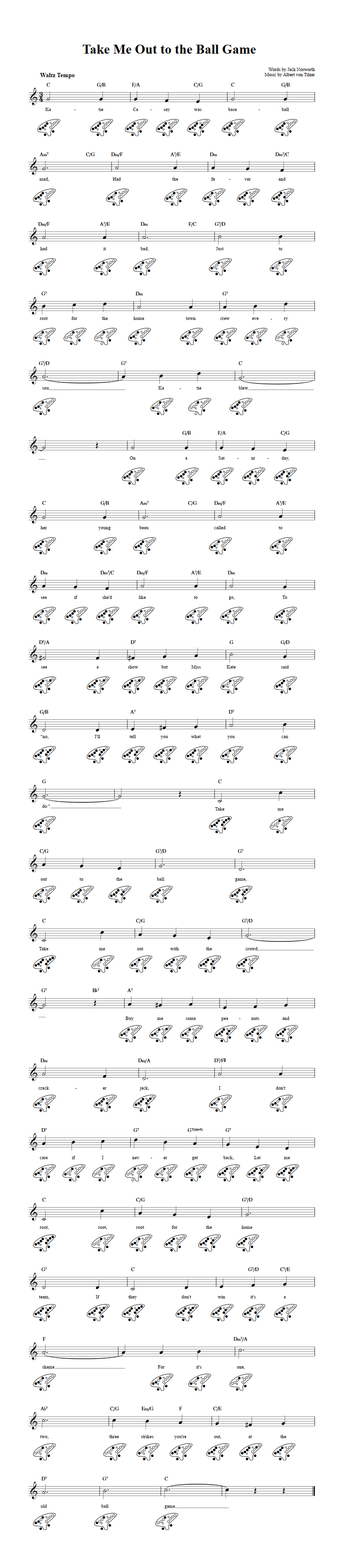 Take Me Out To The Ball Game 12 Hole Ocarina Sheet Music And Tab With Chords And Lyrics