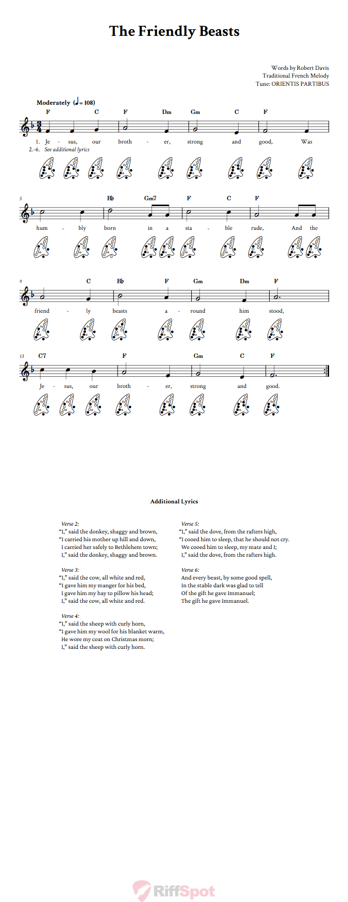 The Friendly Beasts 12-Hole Ocarina Tab