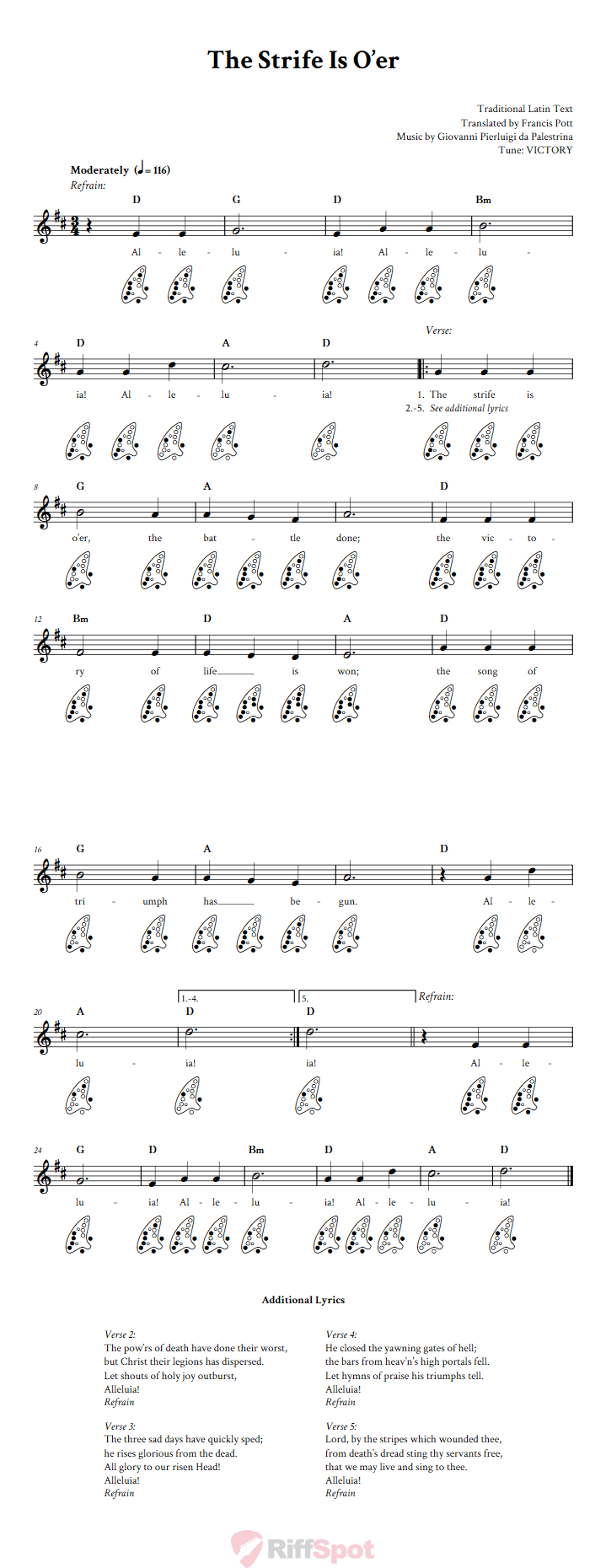 The Strife Is O'er 12-Hole Ocarina Tab
