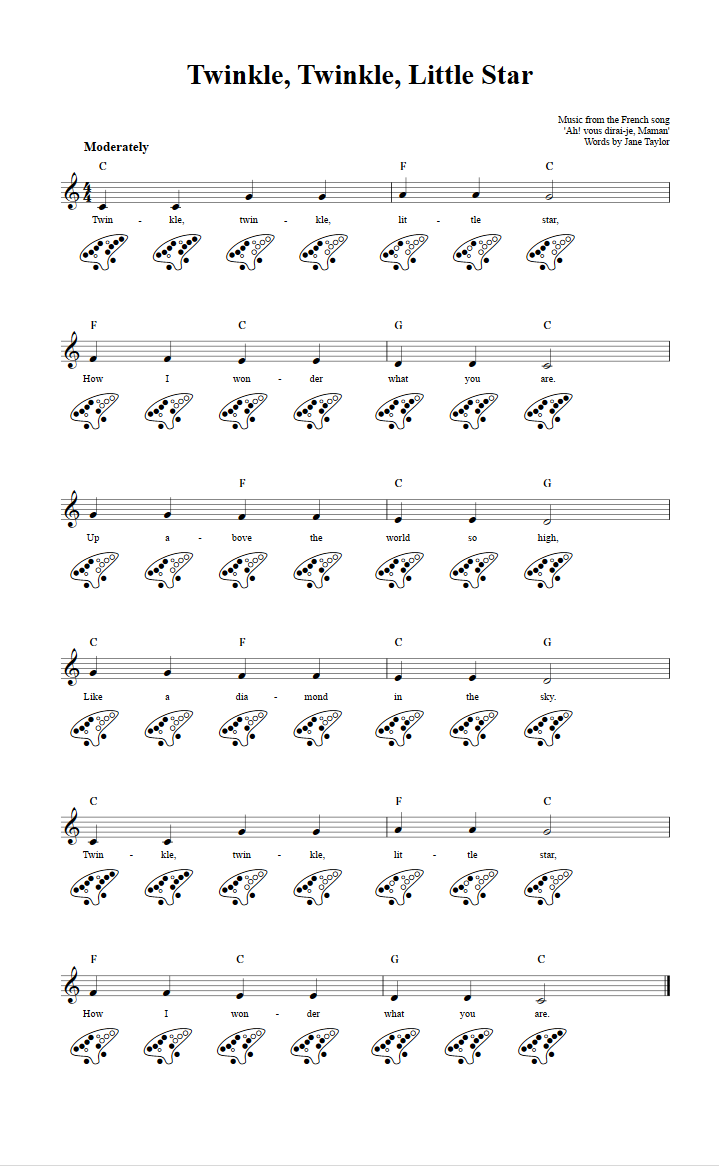 Twinkle Twinkle Little Star 12 Hole Ocarina Sheet Music And Tab With Chords And Lyrics