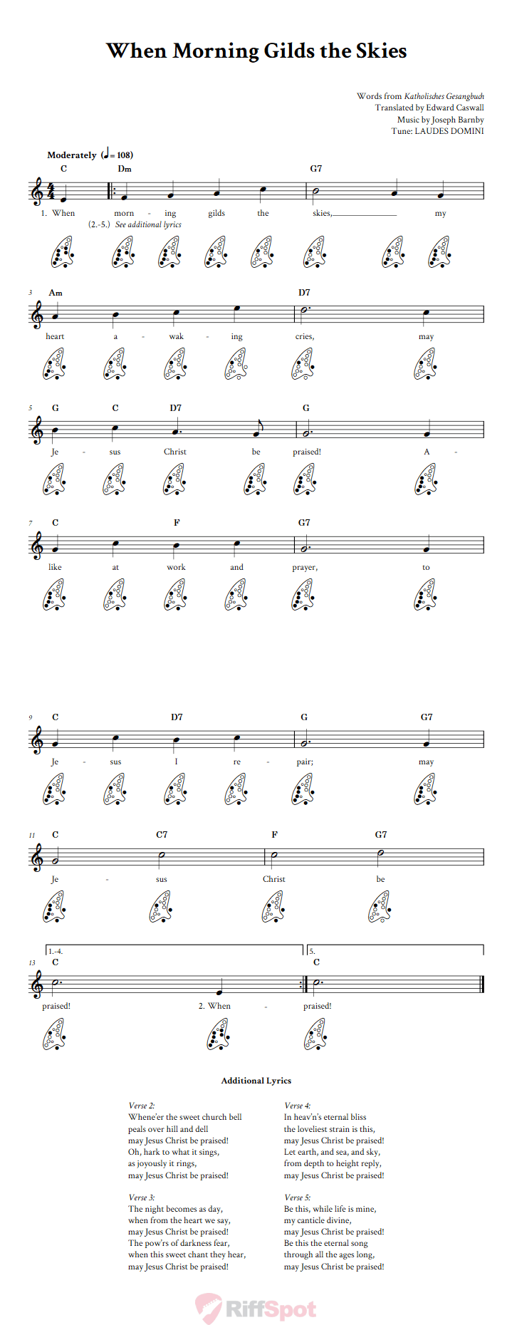 When Morning Gilds the Skies 12-Hole Ocarina Tab