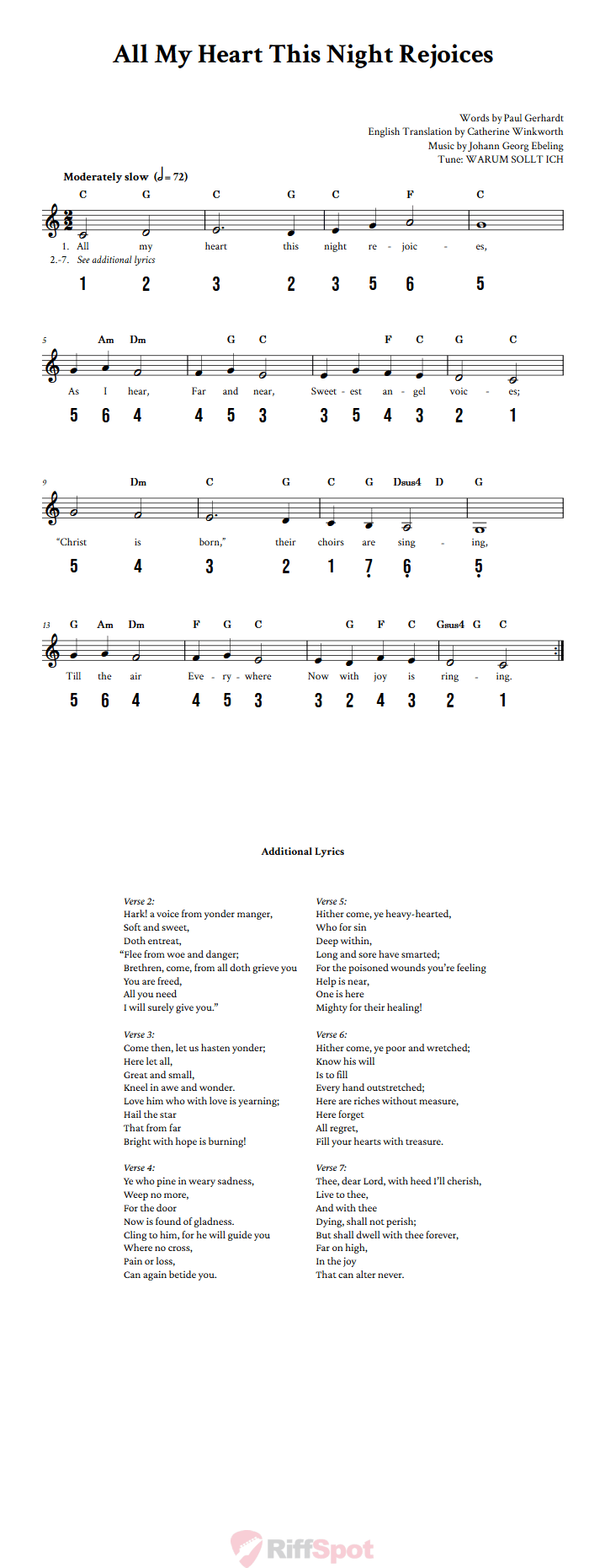 All My Heart This Night Rejoices 15-Note Tongue Drum Sheet Music