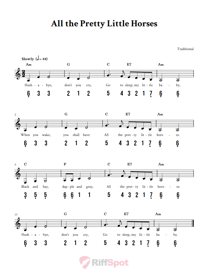 All the Pretty Little Horses 15-Note Tongue Drum Sheet Music