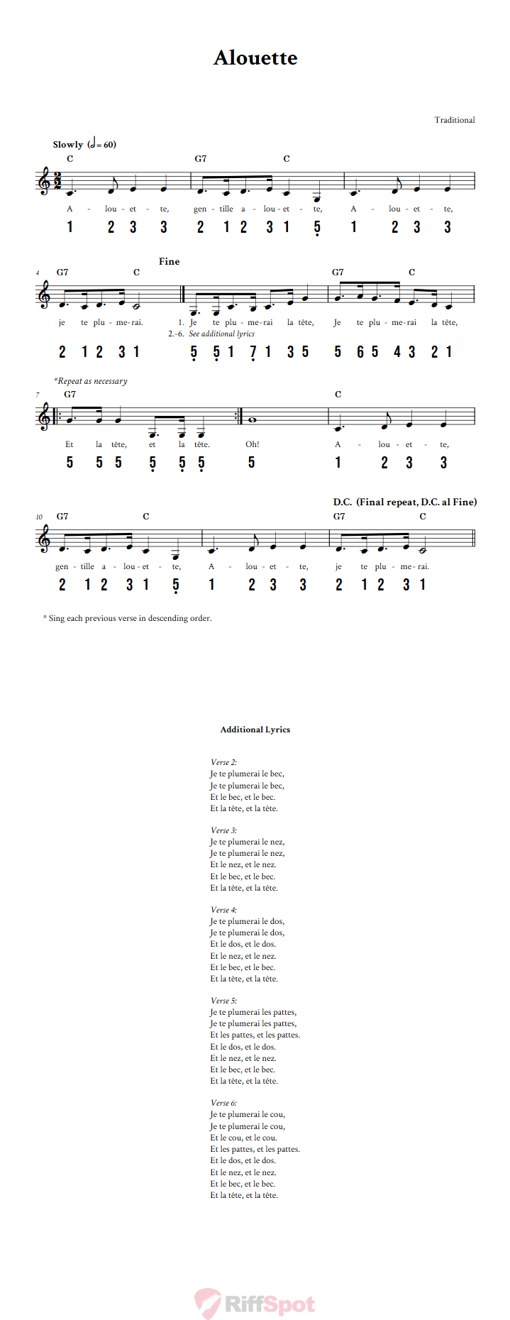 Alouette 15-Note Tongue Drum Sheet Music