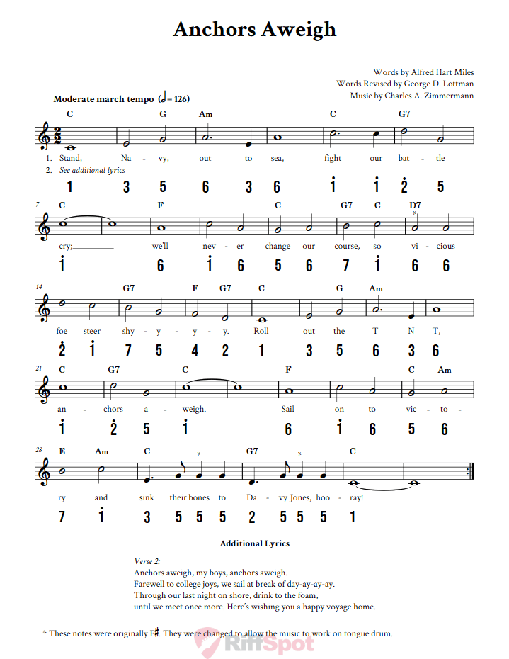Anchors Aweigh 15-Note Tongue Drum Sheet Music