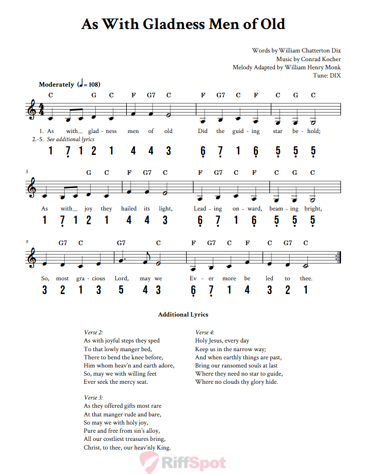 As With Gladness Men of Old 15-Note Tongue Drum Sheet Music