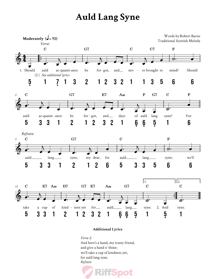 Auld Lang Syne 15-Note Tongue Drum Sheet Music