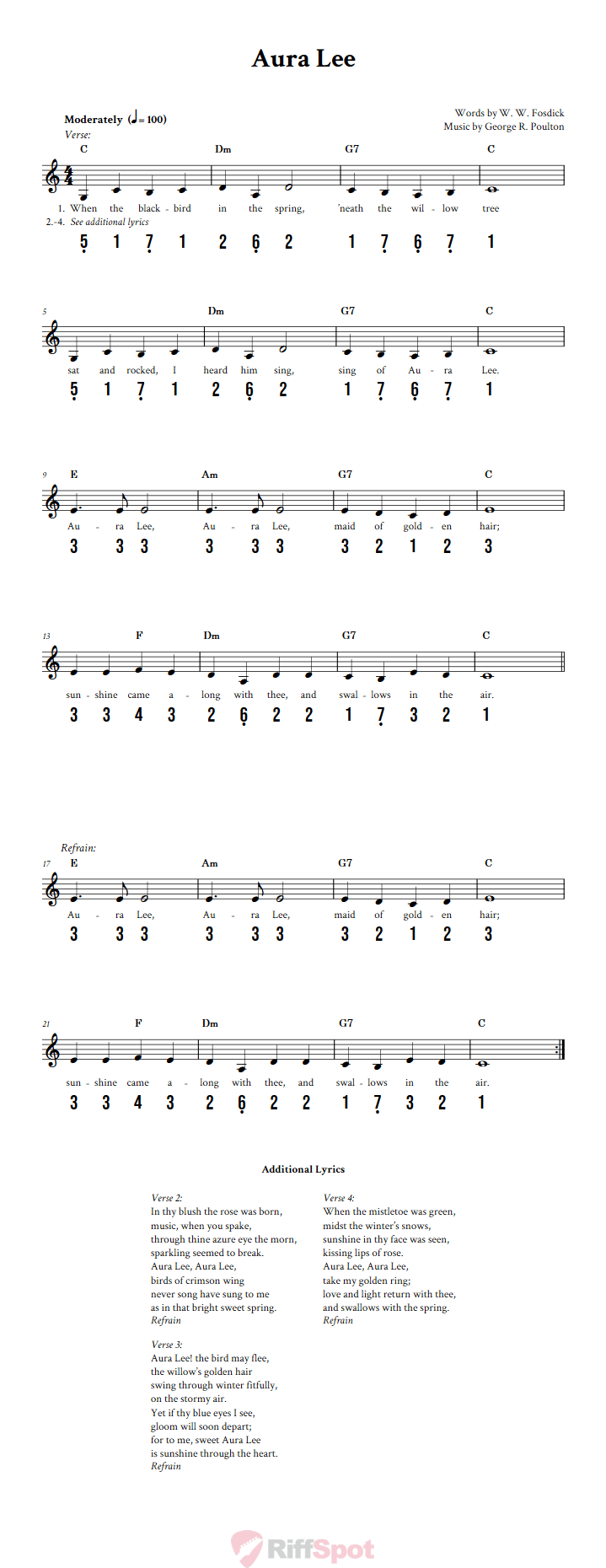 Aura Lee 15-Note Tongue Drum Sheet Music