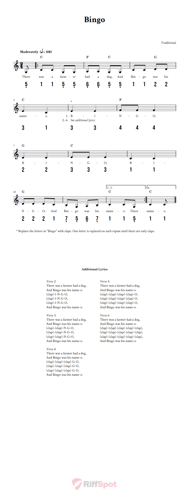 Bingo 15-Note Tongue Drum Sheet Music