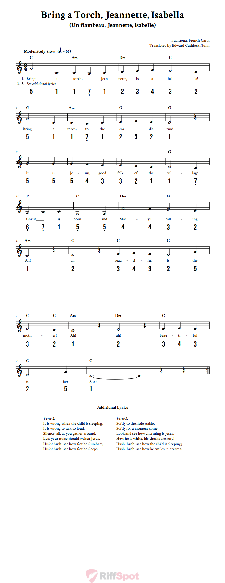 Bring a Torch, Jeannette, Isabella 15-Note Tongue Drum Sheet Music