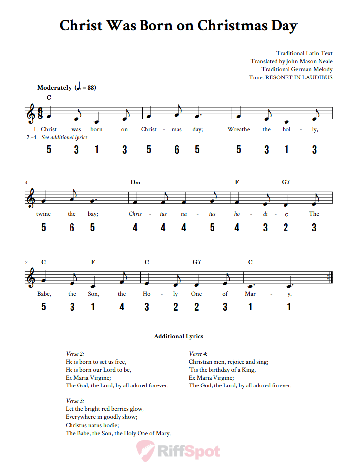 Christ Was Born on Christmas Day 15-Note Tongue Drum Sheet Music
