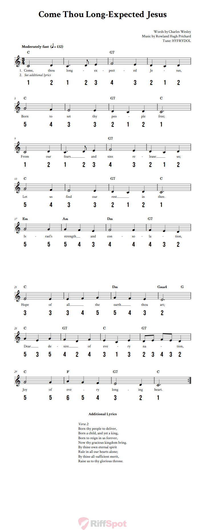 Come Thou Long-Expected Jesus 15-Note Tongue Drum Sheet Music