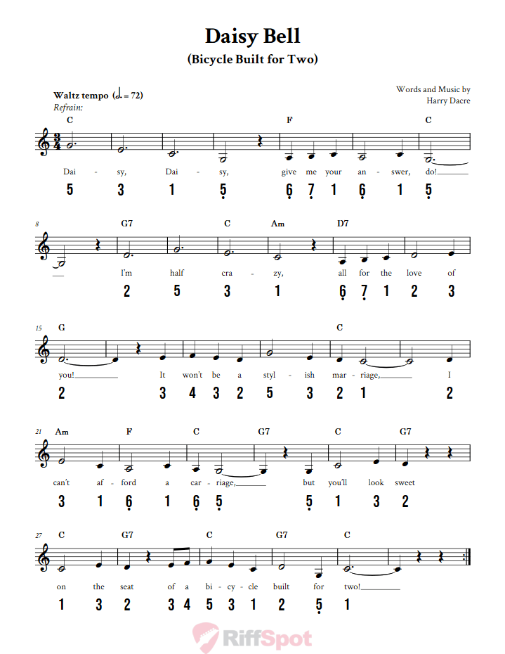 Daisy Bell 15-Note Tongue Drum Sheet Music