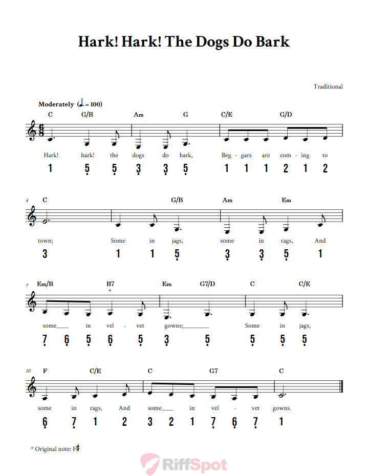 Hark, Hark! the Dogs Do Bark 15-Note Tongue Drum Sheet Music