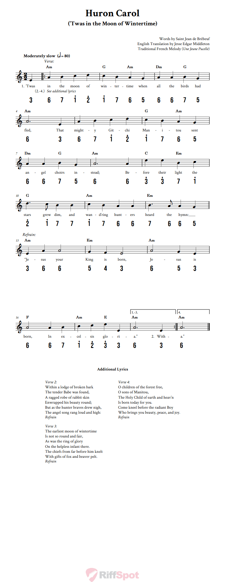Huron Carol 15-Note Tongue Drum Sheet Music