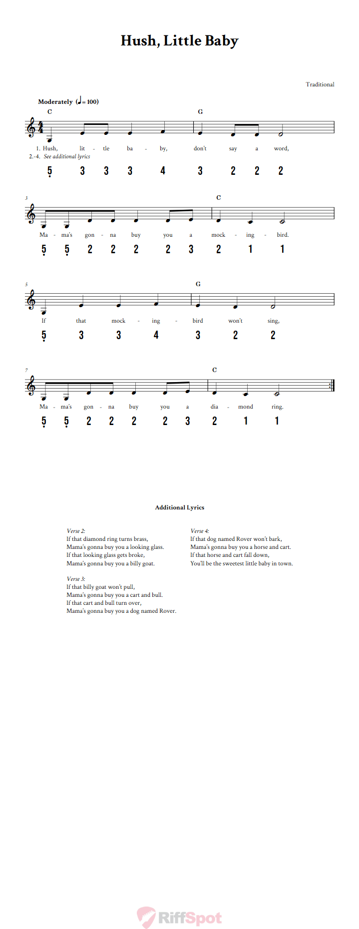 Hush, Little Baby 15-Note Tongue Drum Sheet Music