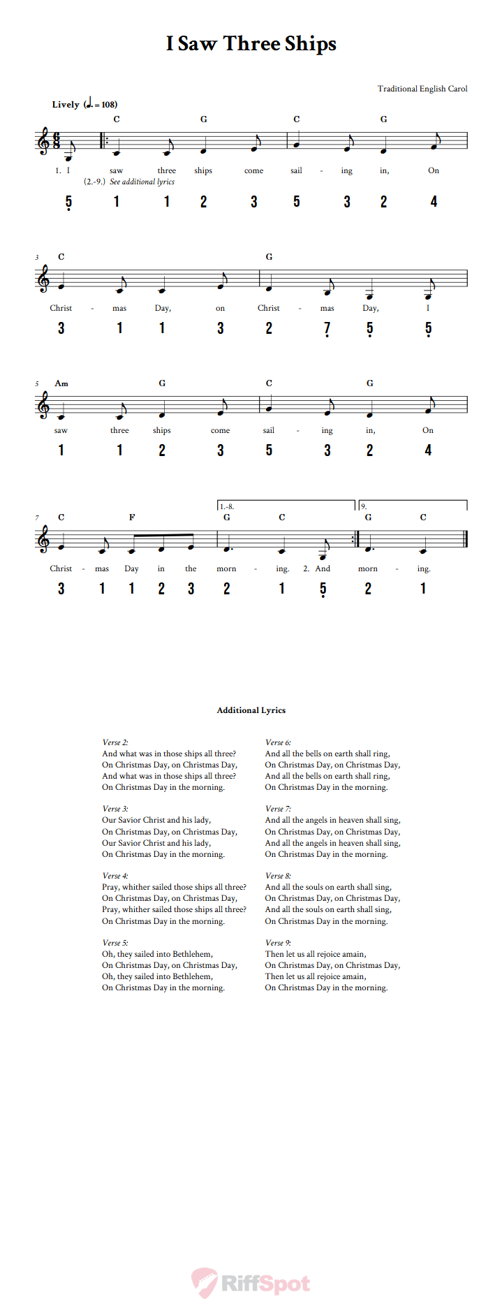 I Saw Three Ships 15-Note Tongue Drum Sheet Music