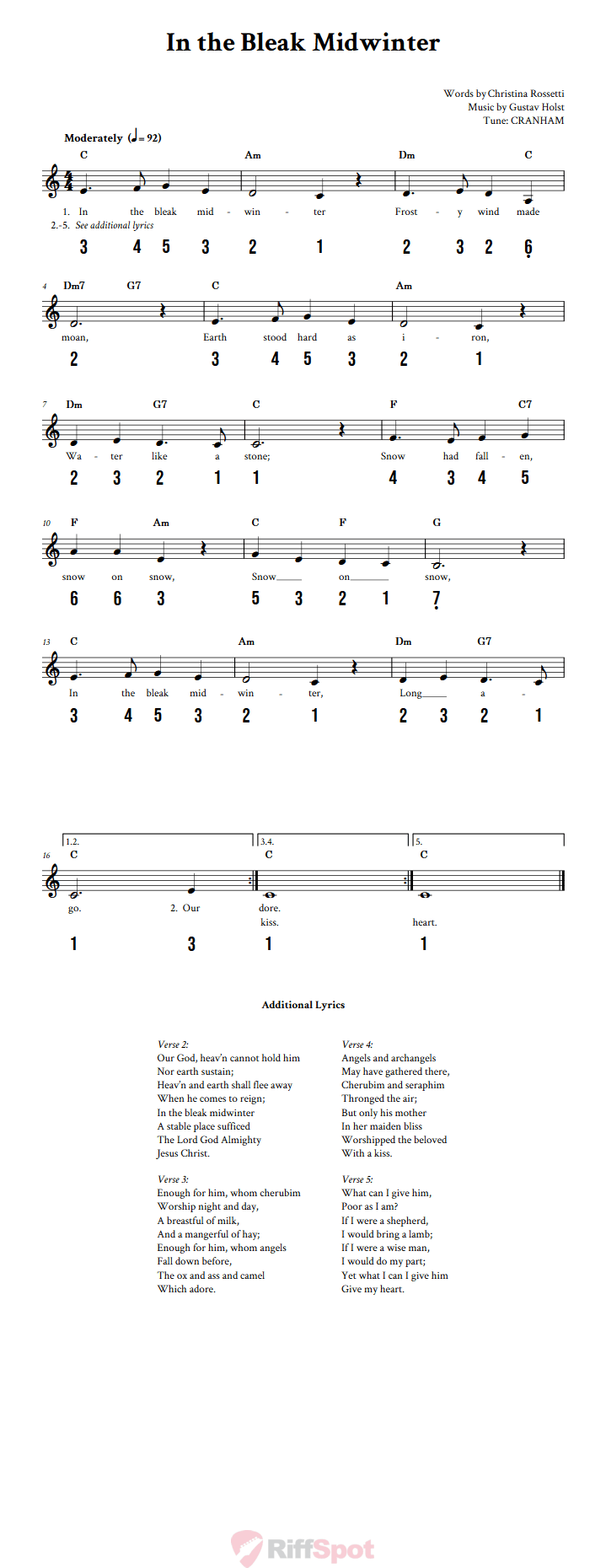 In the Bleak Midwinter 15-Note Tongue Drum Sheet Music