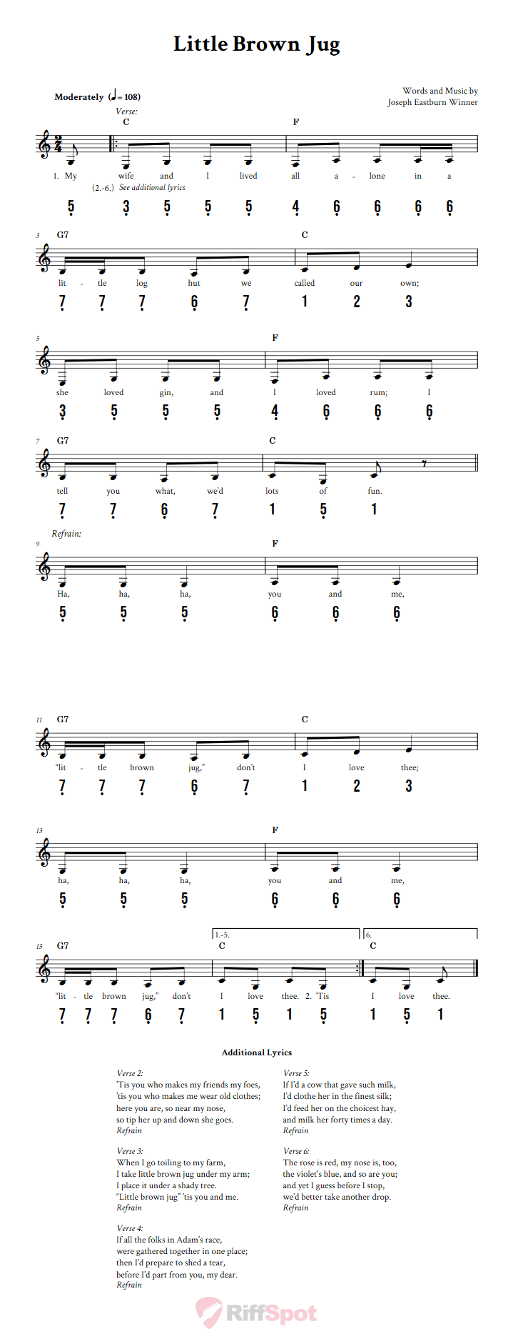 Little Brown Jug 15-Note Tongue Drum Sheet Music