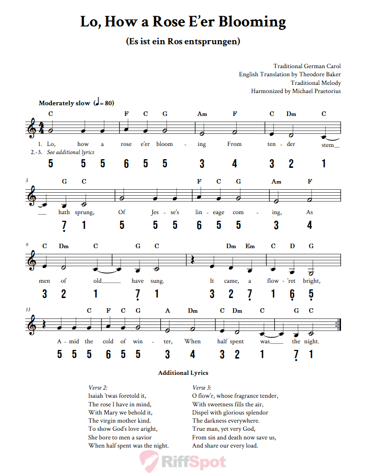 Lo, How a Rose E'er Blooming 15-Note Tongue Drum Sheet Music