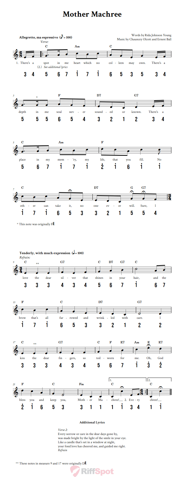 Mother Machree 15-Note Tongue Drum Sheet Music