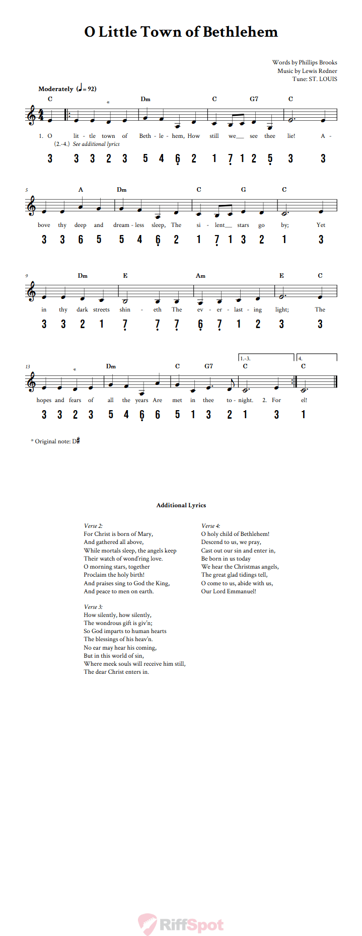 O Little Town of Bethlehem 15-Note Tongue Drum Sheet Music