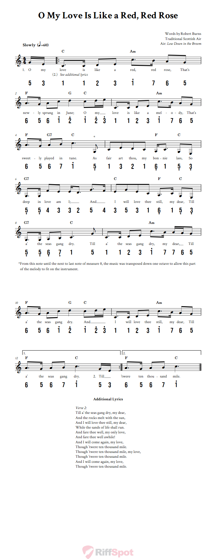 O My Love Is Like a Red, Red Rose 15-Note Tongue Drum Sheet Music
