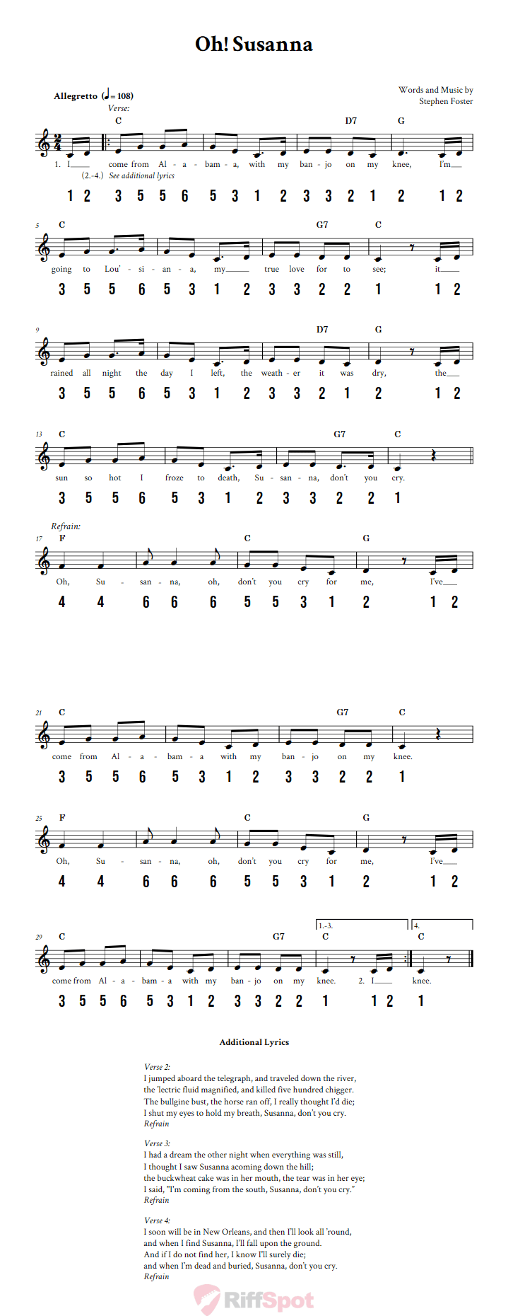 Oh! Susanna 15-Note Tongue Drum Sheet Music