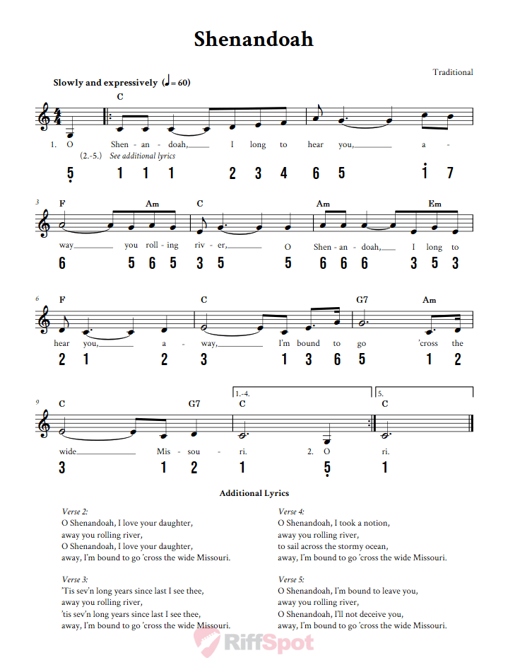 Shenandoah 15-Note Tongue Drum Sheet Music