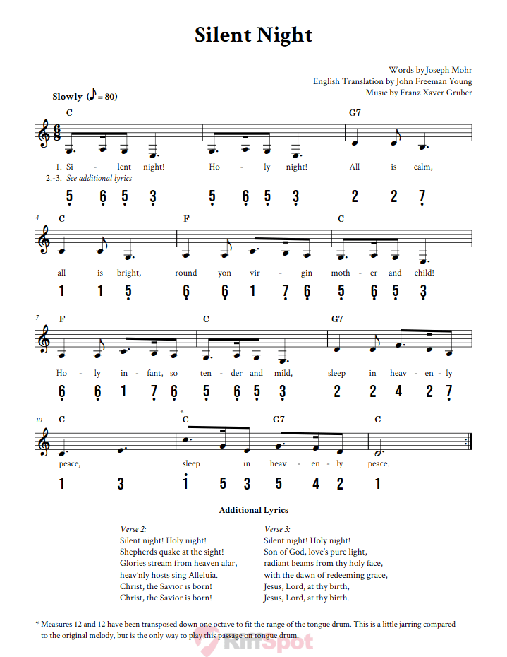 Silent Night 15-Note Tongue Drum Sheet Music