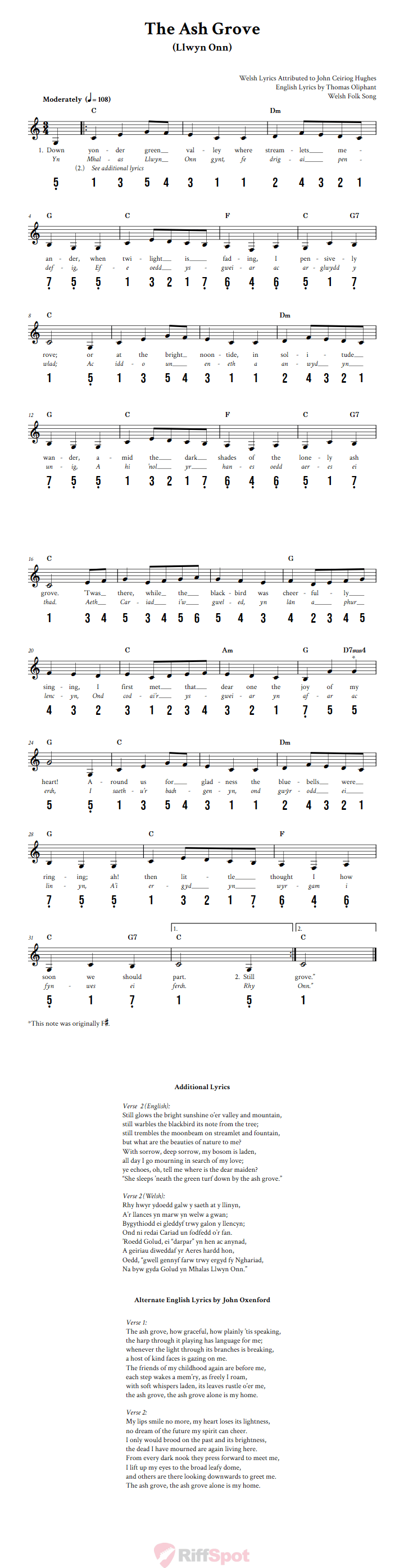 The Ash Grove  15-Note Tongue Drum Sheet Music