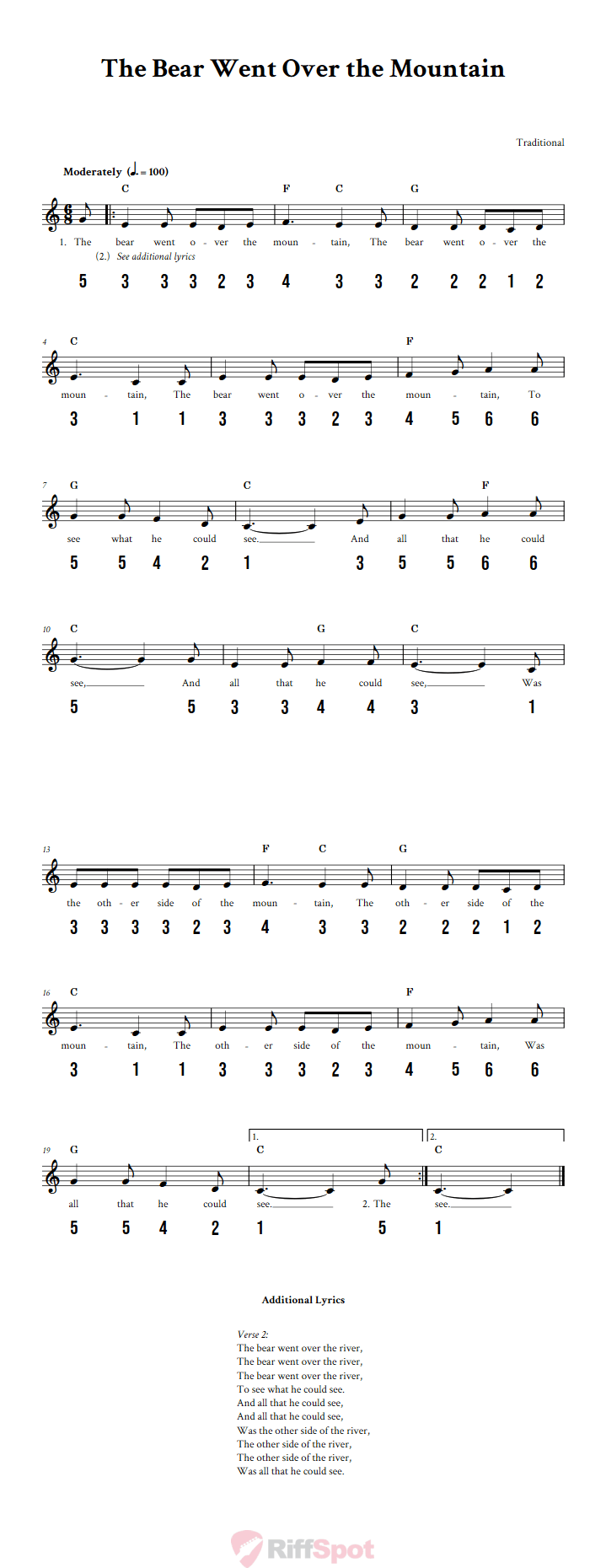 The Bear Went Over the Mountain 15-Note Tongue Drum Sheet Music