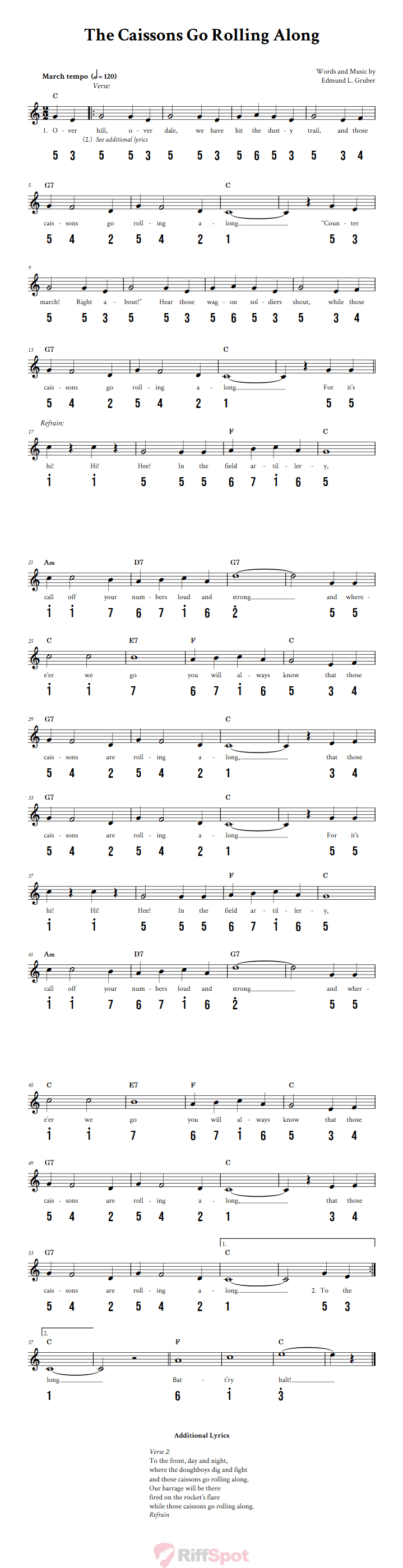 The Caissons Go Rolling Along 15-Note Tongue Drum Sheet Music