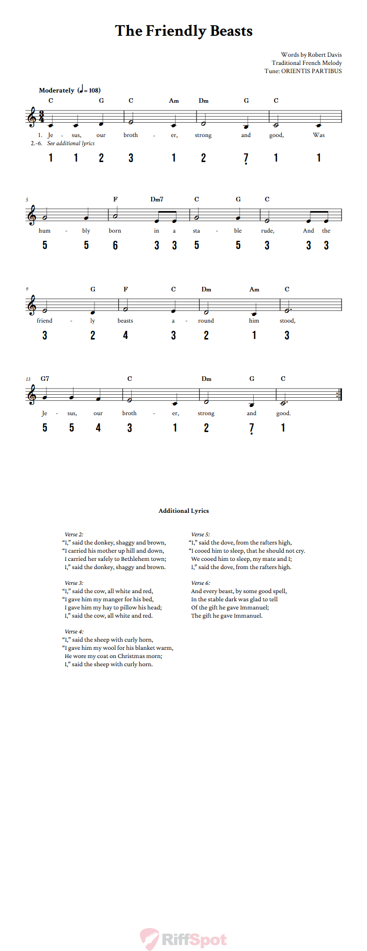 The Friendly Beasts 15-Note Tongue Drum Sheet Music