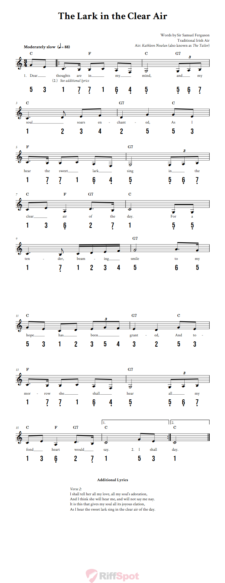 The Lark in the Clear Air 15-Note Tongue Drum Sheet Music