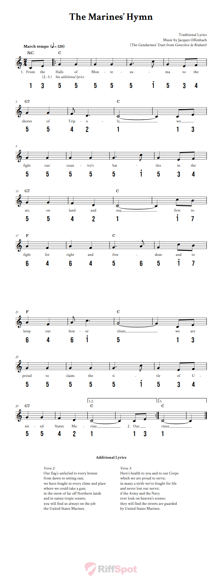 The Marines' Hymn 15-Note Tongue Drum Sheet Music